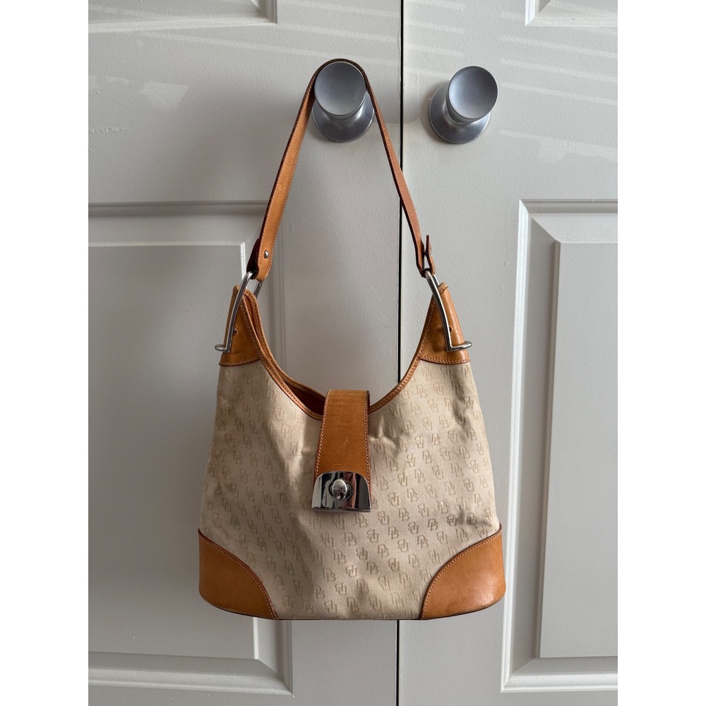 Vintage Y2K Dooney & Bourke Hobo Bag Beige Monogram Canvas Shoulder Preppy